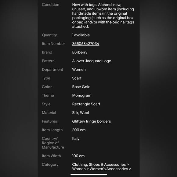 Burberry Metallic Monogram Jacquard Wool Blend Scarf Rose Gold. Authentic!!! - Picture 4 of 6